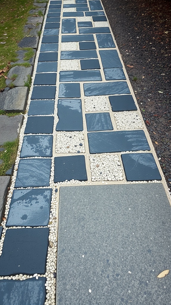 A flagstone walkway featuring dark slate stones contrasted with light gravel.