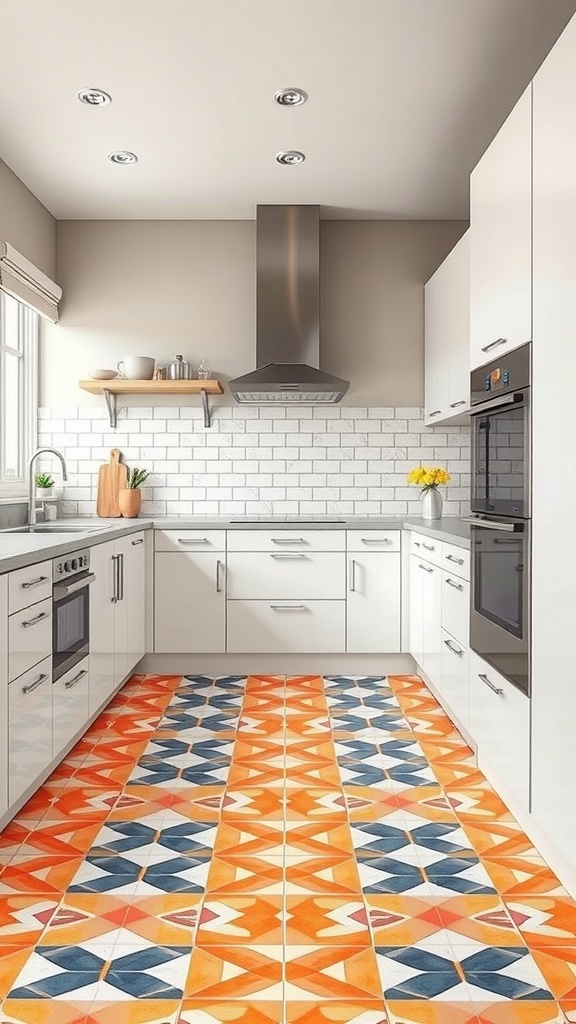 A modern kitchen featuring vibrant geometric patterned floor tiles in orange, blue, and white.