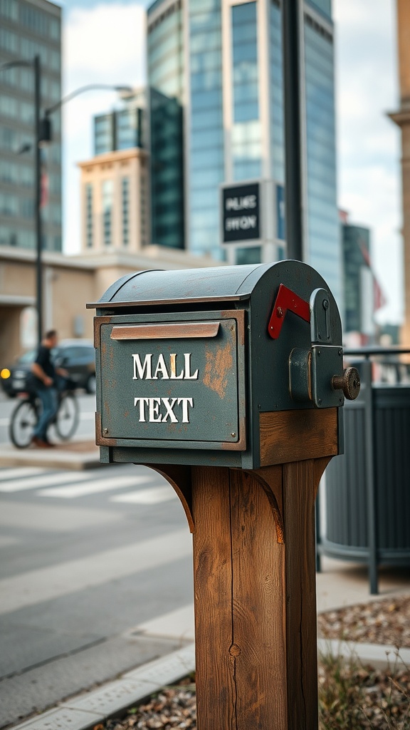 A bold industrial-style mailbox with a weathered blue finish and wooden post, set against a city backdrop.