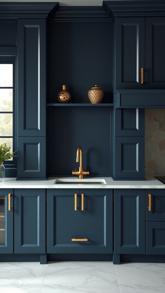 A kitchen featuring bold navy blue cabinetry and gold accents.