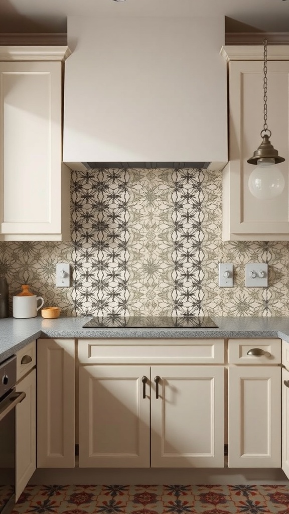 A kitchen with a patterned tile backsplash, cream-colored cabinets, and a stylish overall design.