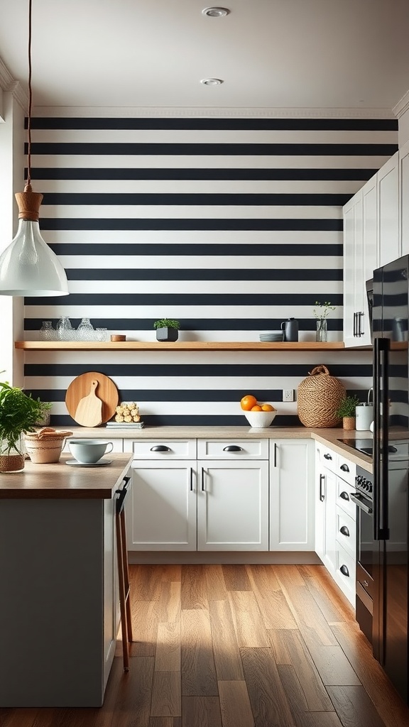 A modern kitchen with bold black and white striped accent wall, wooden shelves with plants and kitchen items.