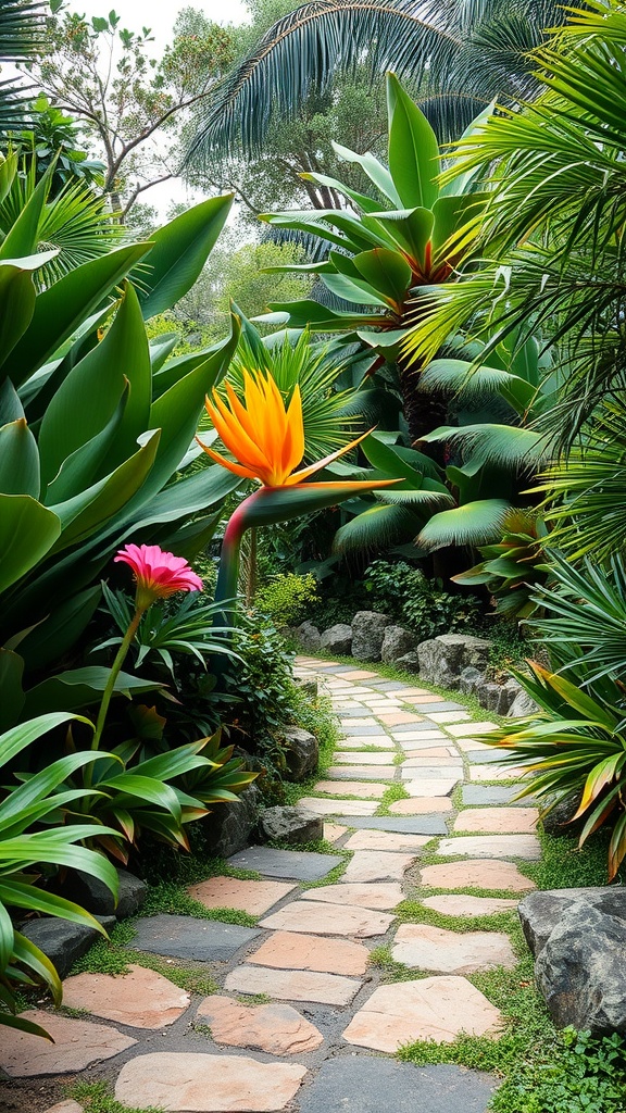 A beautiful stone pathway surrounded by tropical plants and flowers