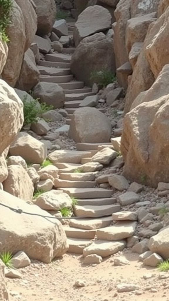 A stone pathway surrounded by large boulders, leading through a rocky landscape.