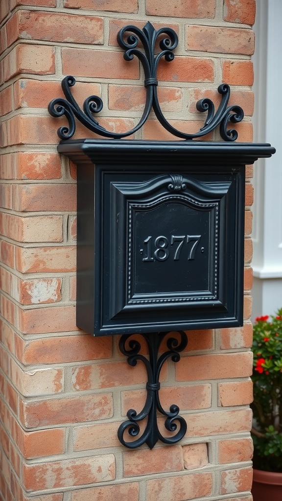 A black iron mailbox mounted on a brick wall featuring ornate scrollwork.