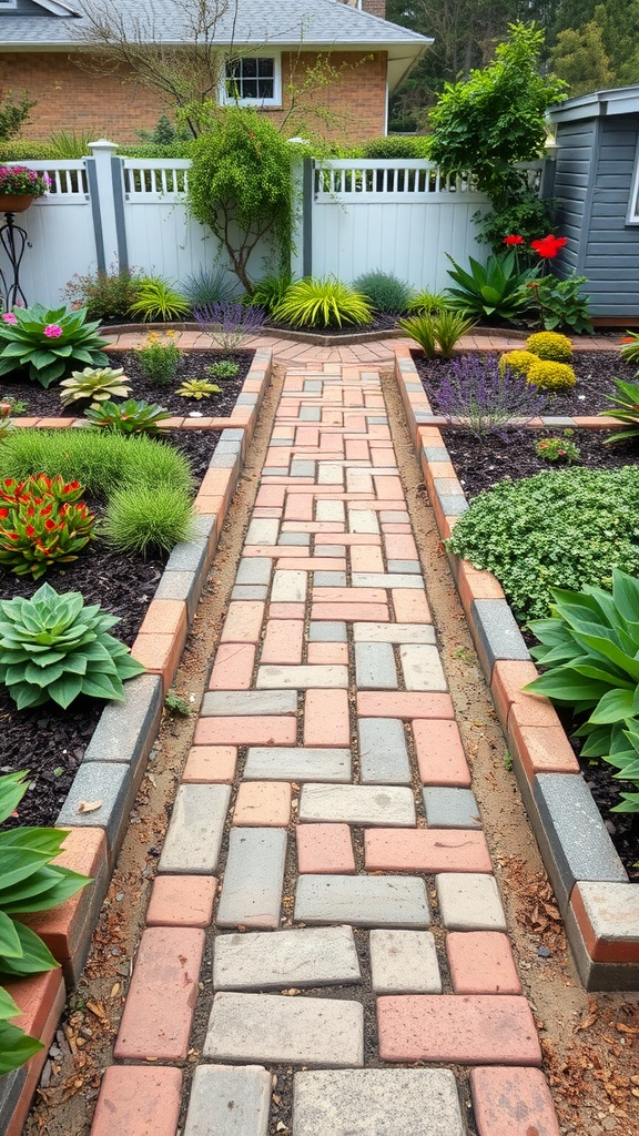 A brick and stone blend pathway surrounded by colorful plants and flowers in a well-maintained garden.