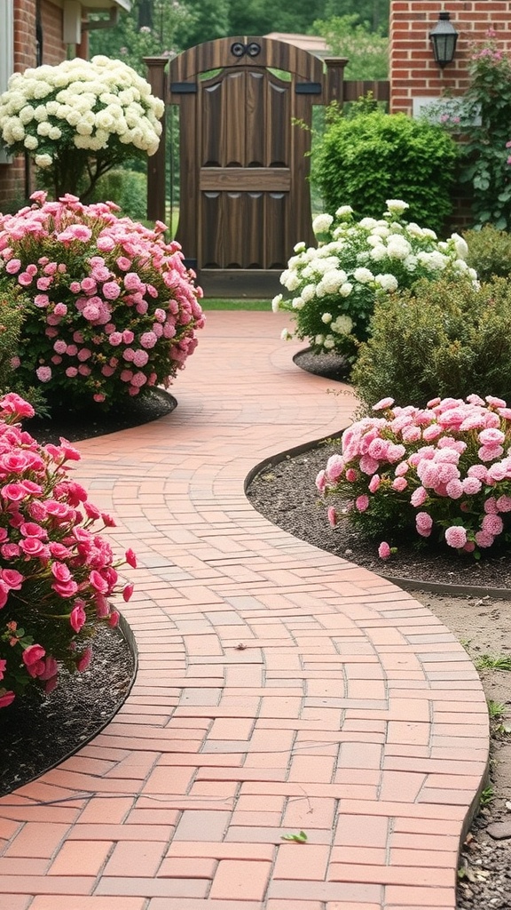 A winding brick paver path surrounded by colorful flower beds leading to a wooden gate.