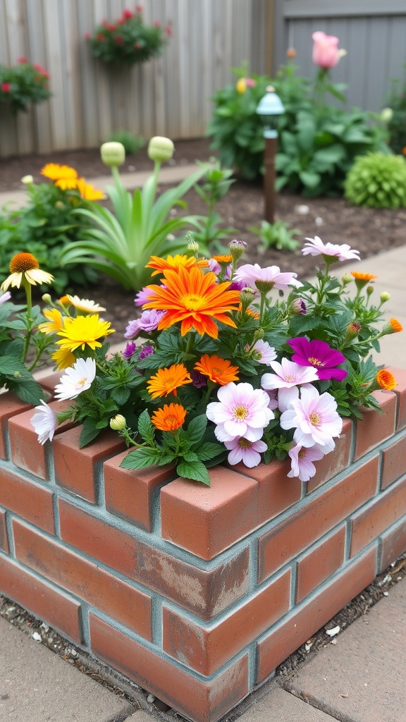 Colorful flowers in a brick planter box