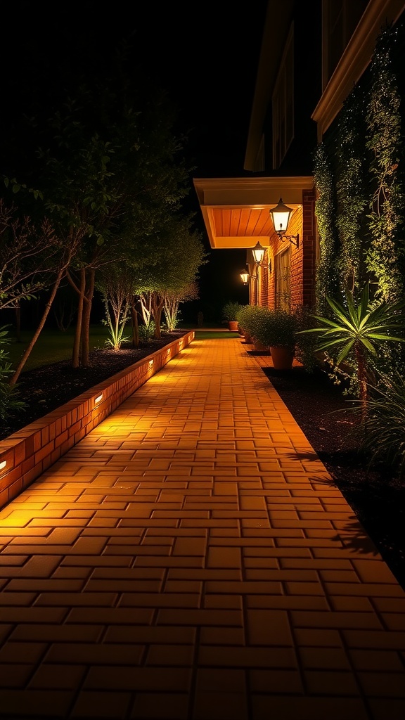 Brick pathway illuminated by accent lighting at night