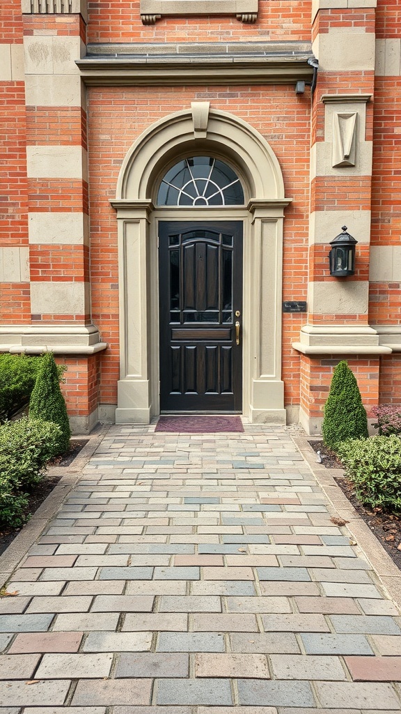 A brick walkway leading to an elegant front door, surrounded by manicured shrubs.