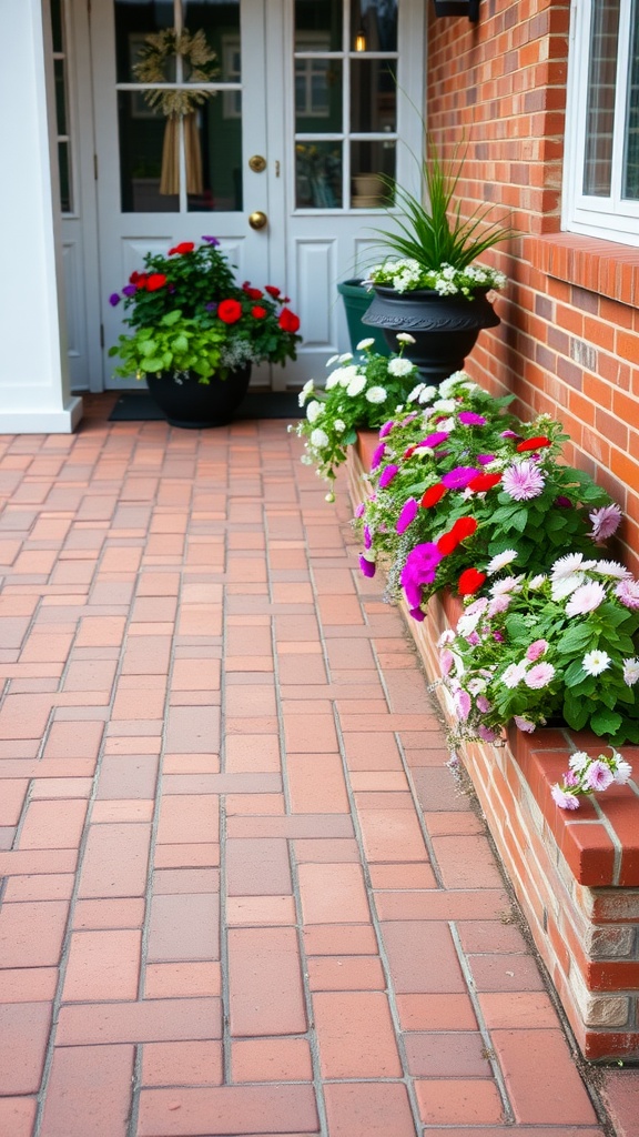 A brick walkway leading to a front door, adorned with colorful flowers in built-in planters.