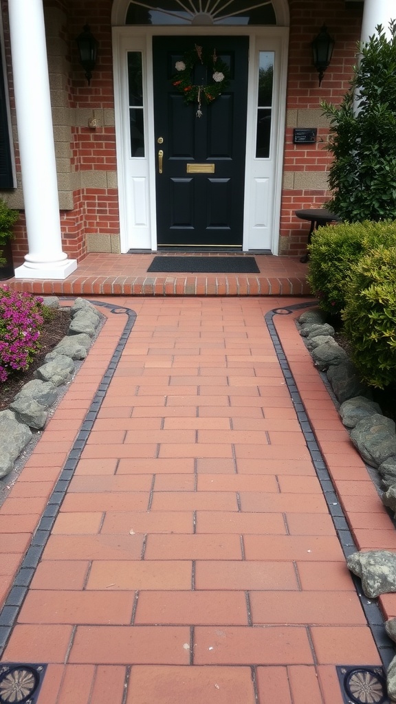 A brick walkway with decorative black edging leading to a front door, surrounded by flowers and greenery.