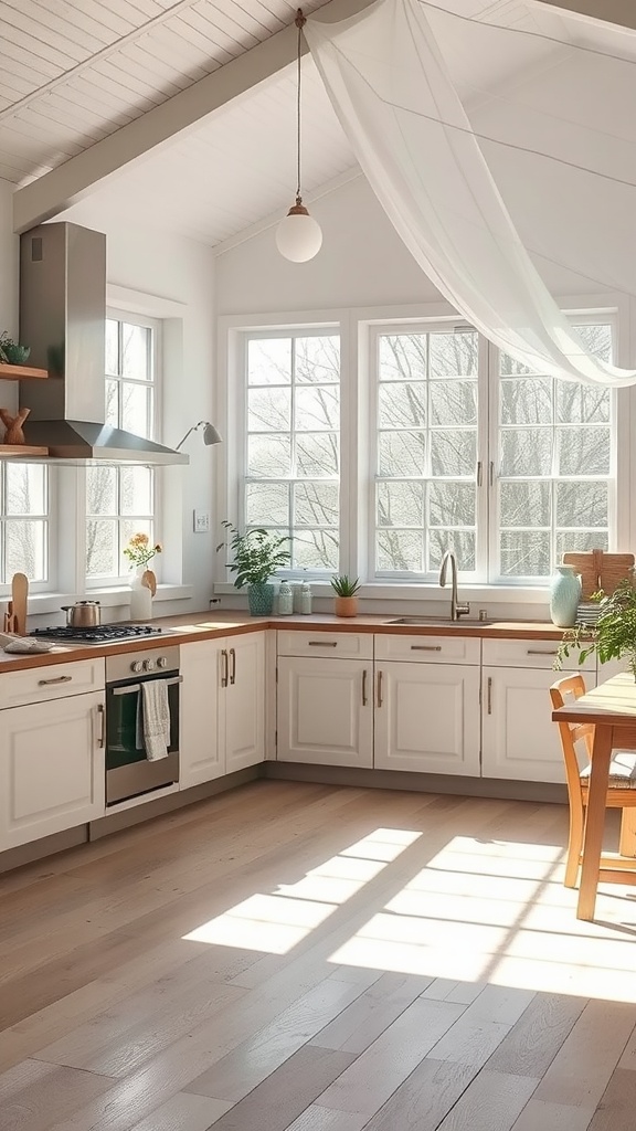 A bright Scandinavian kitchen with large windows, white cabinets, and wooden accents.