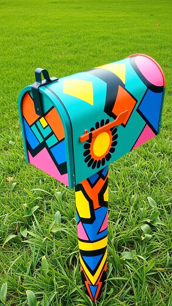 A colorful and artistic mailbox with geometric designs and a sunflower motif against green grass.