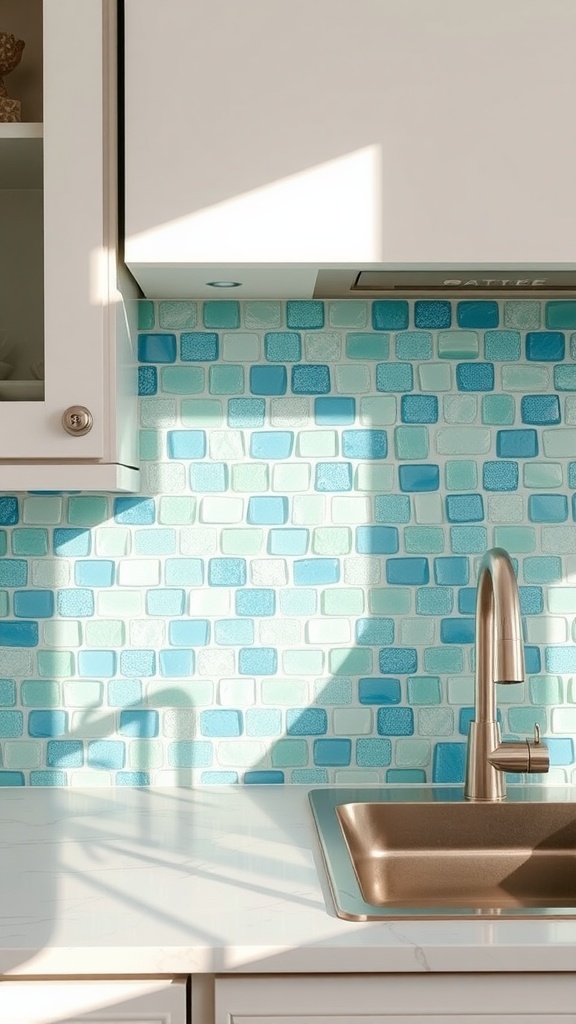 A beach house kitchen with a blue tiled backsplash that resembles the ocean.