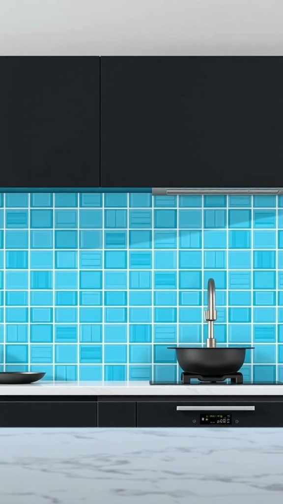 A modern kitchen featuring a bright blue backsplash with dark kitchen cabinets