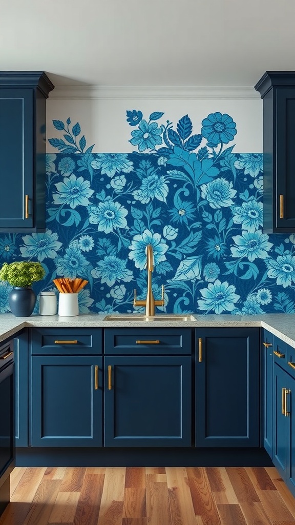 Kitchen featuring a bright blue floral backsplash with dark cabinets