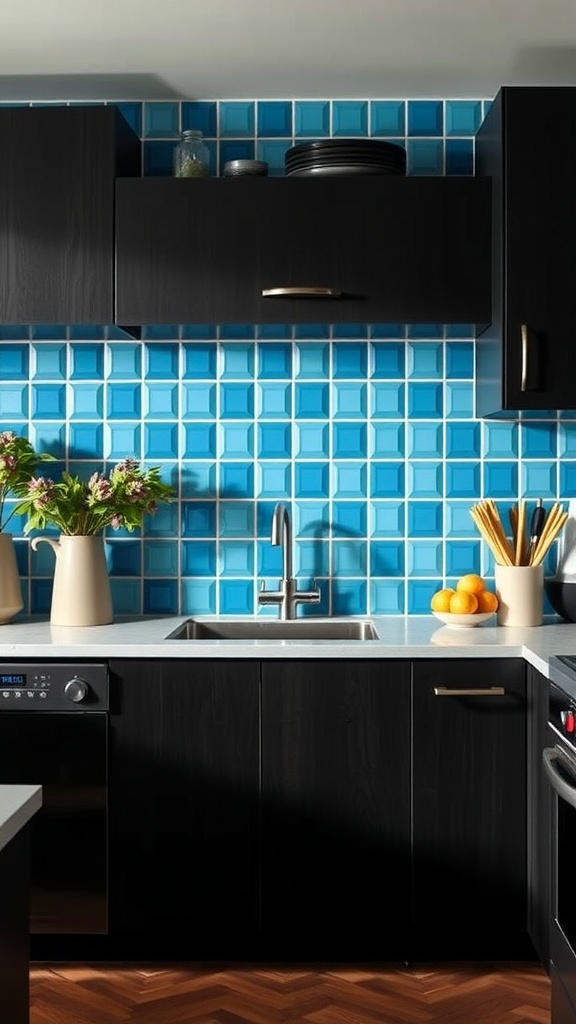 A kitchen showcasing bright blue geometric tiles as a backsplash against dark cabinets.