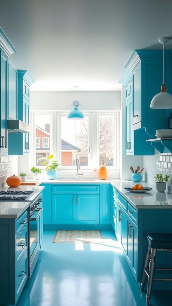 A bright kitchen painted in cerulean blue with white countertops and colorful decorations.