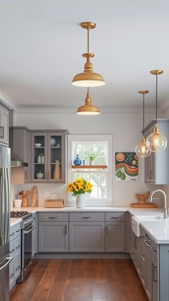 A beach house kitchen featuring bright lighting fixtures, gray cabinetry, and wooden flooring.