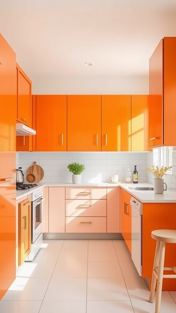 A modern kitchen featuring bright orange and soft peach cabinets with white countertops.