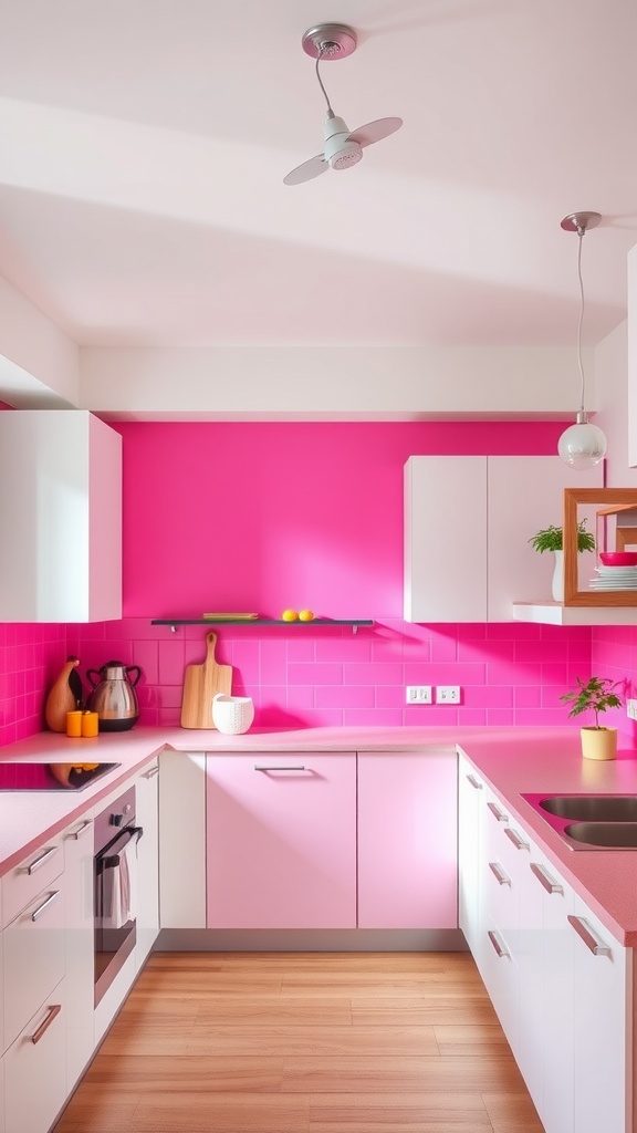 A modern kitchen with a bright pink accent wall, white cabinets, and wooden flooring.