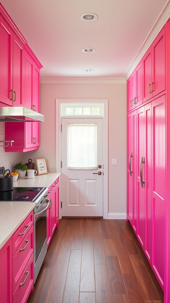 A bright pink kitchen with pink pantry doors, stainless steel appliances, and a warm wooden floor.