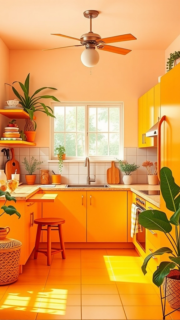 A bright tangerine kitchen with orange cabinets, a window letting in natural light, and green plants.