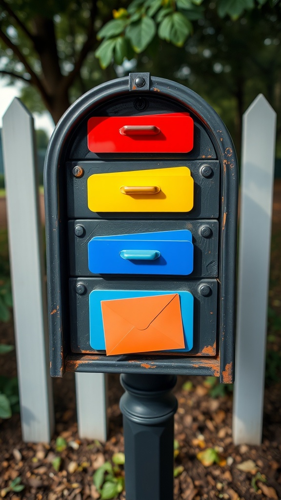 A mailbox with brightly colored slots in red, yellow, blue, and a visible orange envelope.