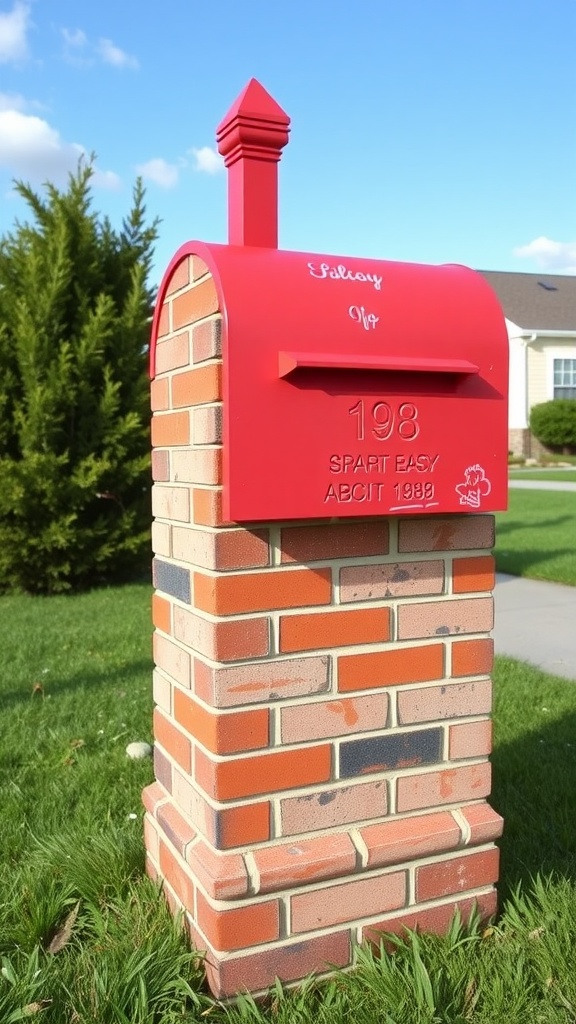 A brightly painted red mailbox on a brick stand, set against a blue sky and green grass.