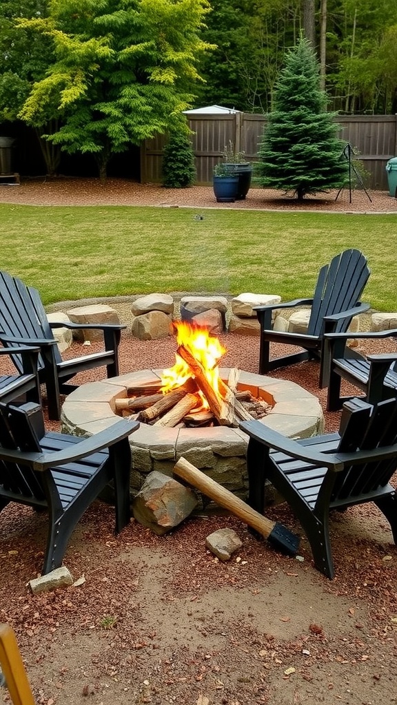 A cozy fire pit area with black chairs and a stone circle, surrounded by greenery.