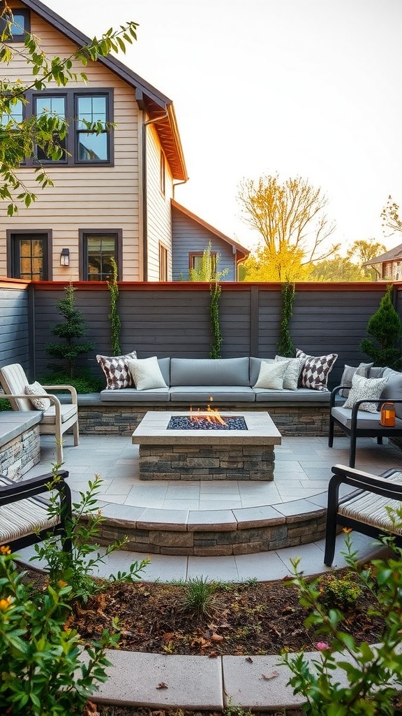 Cozy backyard fire pit area with a built-in bench covered in cushions, surrounded by plants and a stone fire pit.