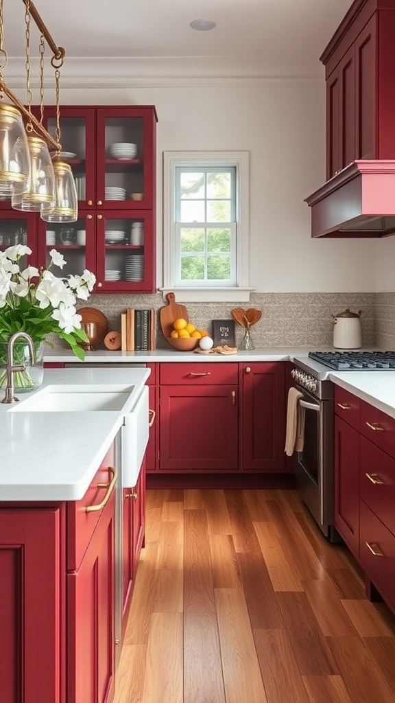 A kitchen featuring burgundy shaker cabinets, white countertops, and wooden flooring