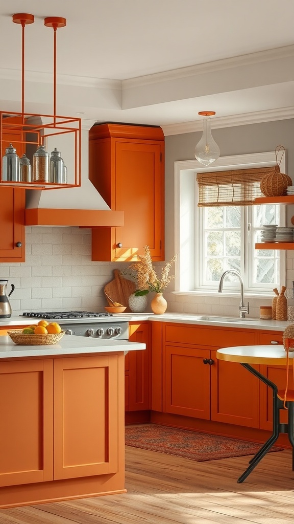 A kitchen featuring burnt orange cabinets, beige countertops, and warm wooden elements.