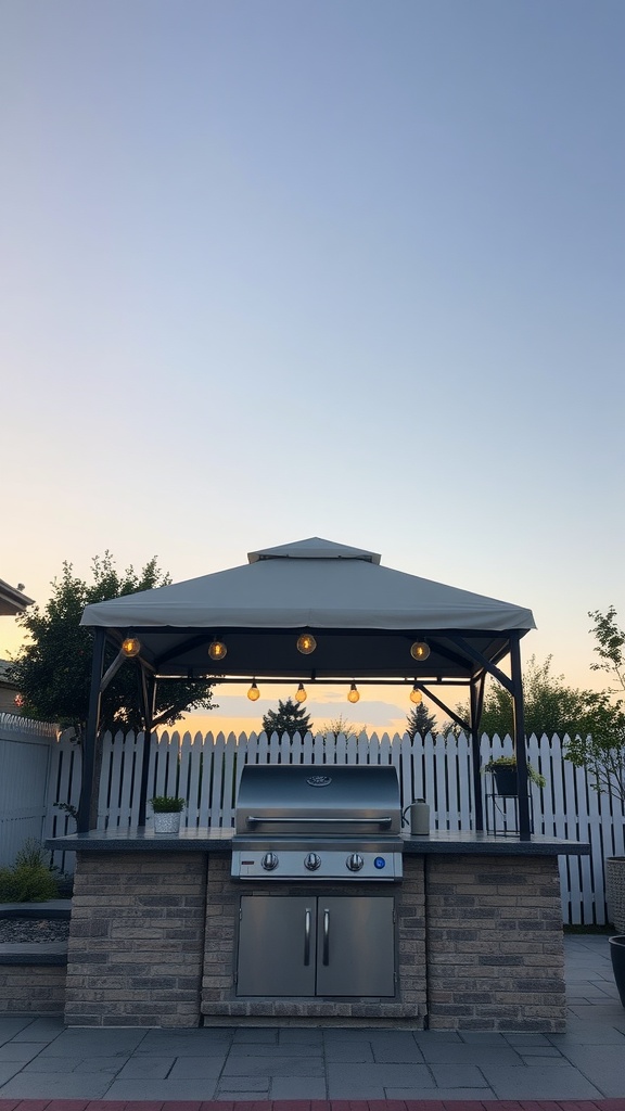 A stylish canopy-style grill gazebo with a grill setup and warm lights.