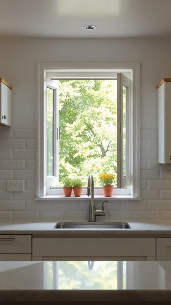 A modern kitchen with a casement window open to a view of green trees and potted plants on the sill.