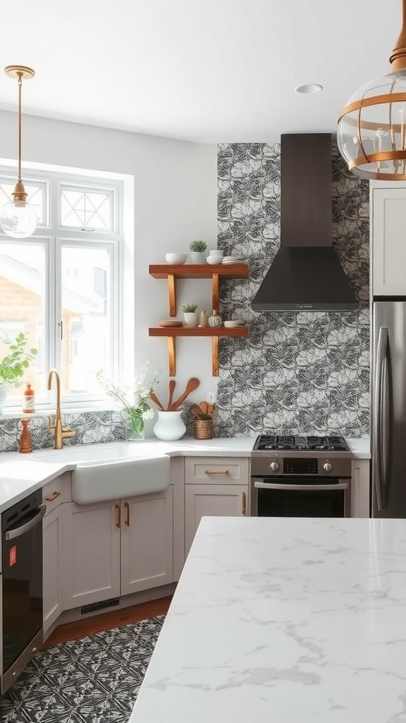 A modern kitchen featuring a cement tile backsplash with intricate patterns, complemented by neutral cabinetry and a farmhouse sink.