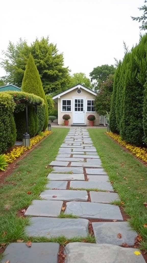 A cemented stone path leading to a small garden shed, lined with greenery and flowers.