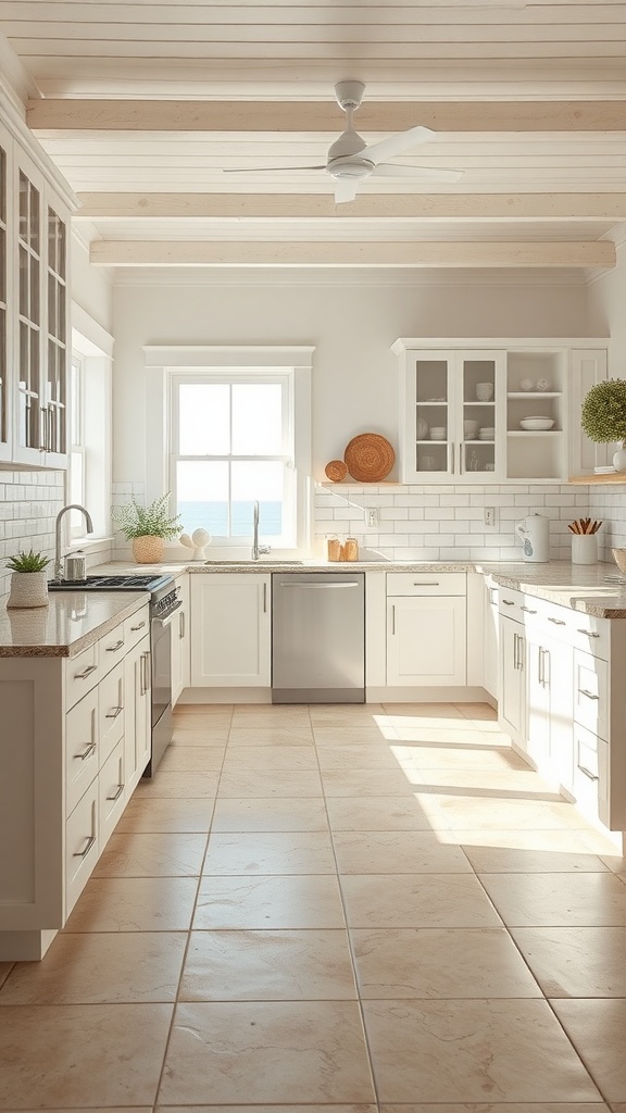 Beach house kitchen featuring ceramic tile flooring, white cabinetry, and natural light.