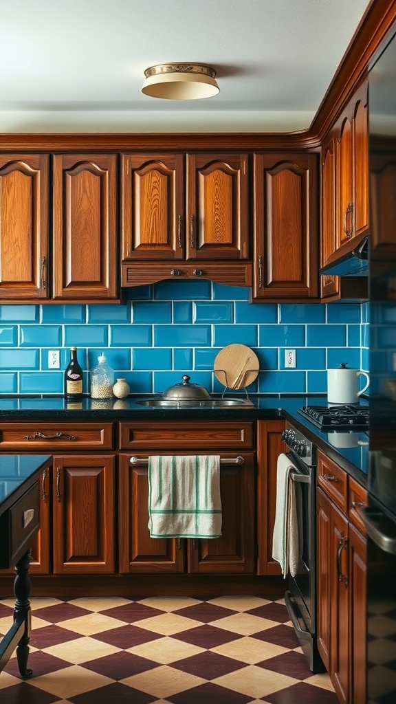 A kitchen featuring cerulean blue vintage tiles and dark wooden cabinets