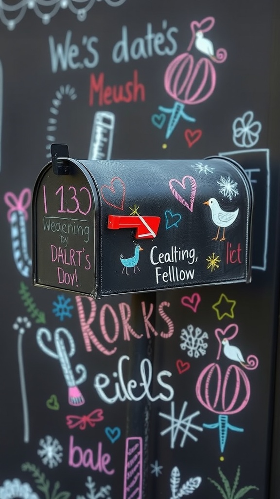 A chalkboard mailbox decorated with colorful drawings and messages, featuring hearts and festive designs.