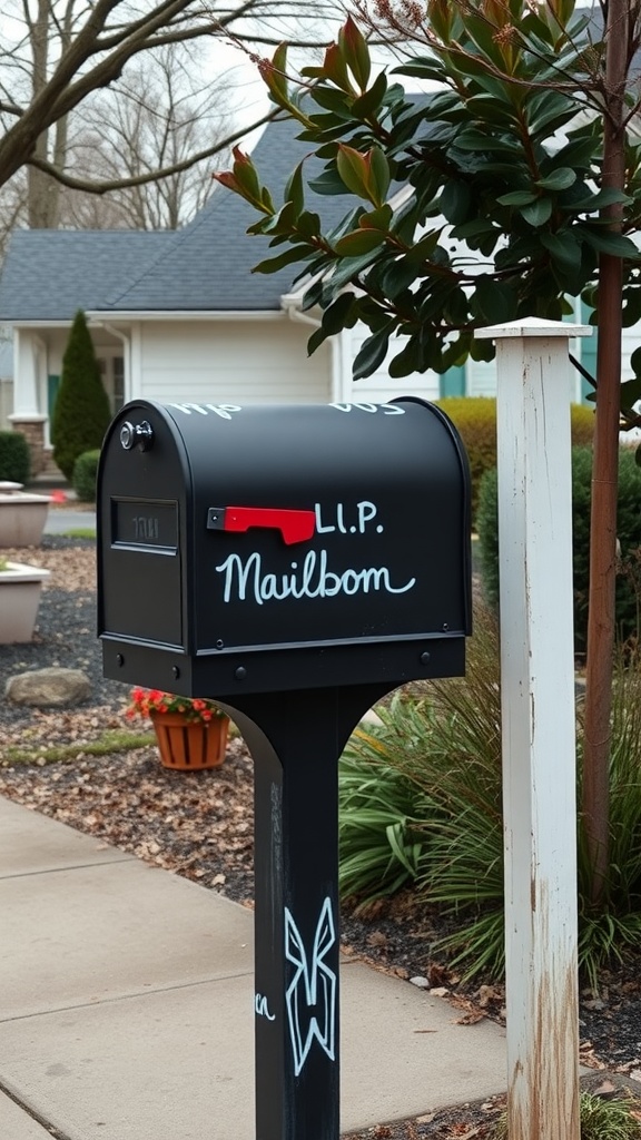 A black chalkboard mailbox with white chalk writing and a red handle, surrounded by greenery.