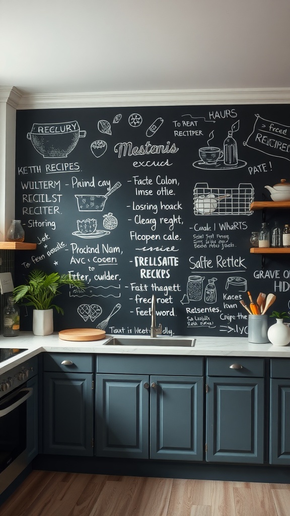 A kitchen with a chalkboard accent wall filled with handwritten notes and recipes, alongside blue cabinets and a marble countertop.