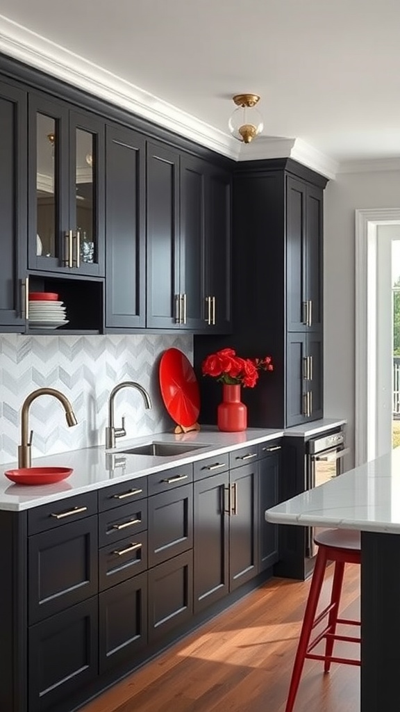 Kitchen with charcoal cabinets and bright red accents.