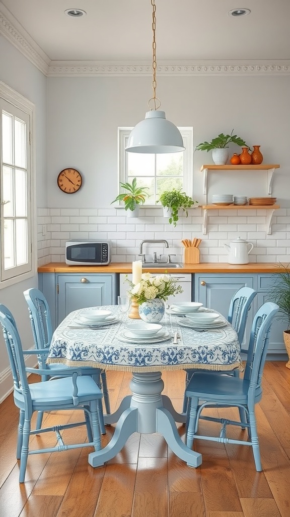 A charming blue and white kitchen table setting with a floral centerpiece.