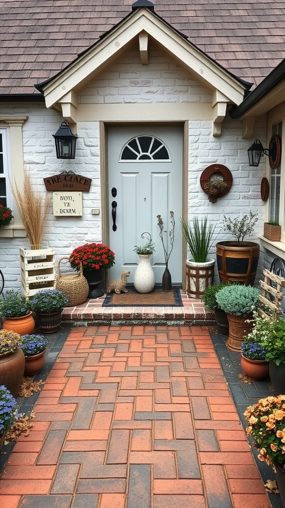 A charming brick walkway leading to a cottage with potted plants and a welcoming entrance.