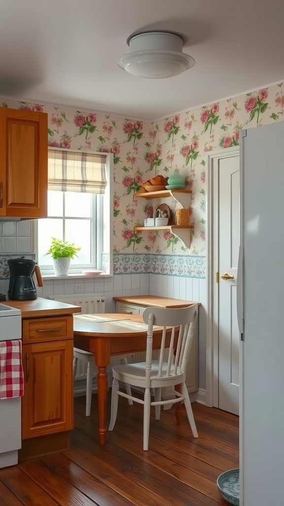 A cozy kitchen featuring wooden cabinets, floral wallpaper, and a small dining table.