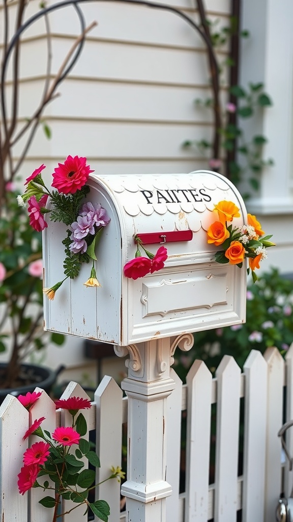 Charming white mailbox decorated with colorful flowers, set against a garden backdrop.