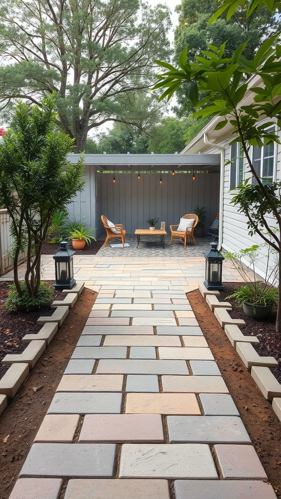 A flagstone walkway leading to a cozy patio with wicker chairs and a table, surrounded by greenery.