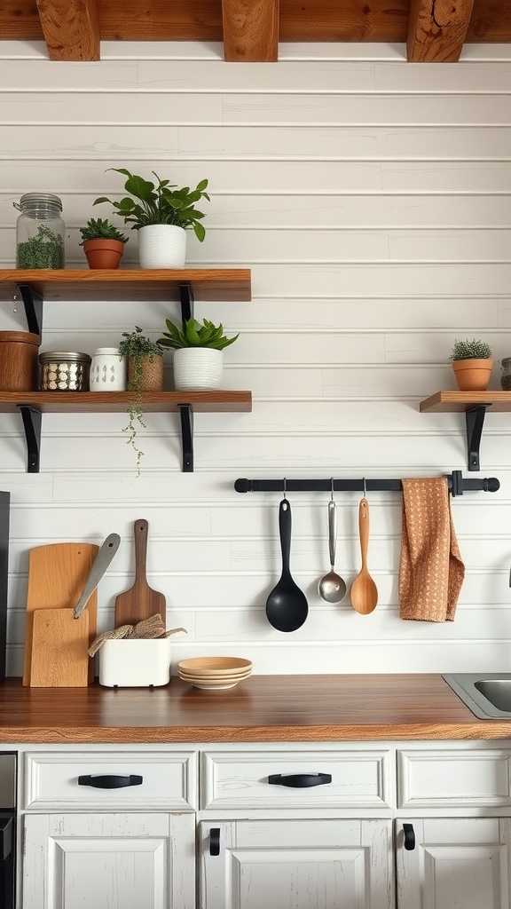 A kitchen featuring a charming shiplap accent wall with wooden shelves and plants.